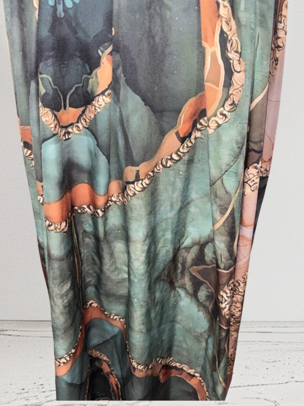 Open-Shoulder Printed Halter Dress in Teal/Peach, P2P:21”, L:37” - Picture 3 of 10